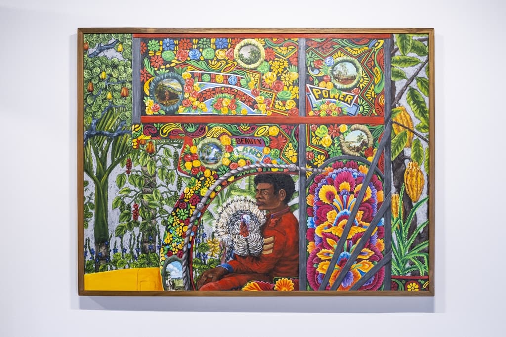The Biennale’s theme has an entirely different interpretation in Devu Nenmara’s paintings of her village friends looking out from the multi-coloured dots and dashes that describe the trees of her surrounding forest. Her remote village is her world now, “for the time being”.