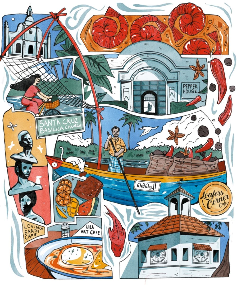Kochi’s cafes capture the essence of the city’s unique history. Illustration by Rishabh Pinapotu of Studio Ping Pong, a ‘tiny mighty’ design studio based in Kolkata and Bengaluru