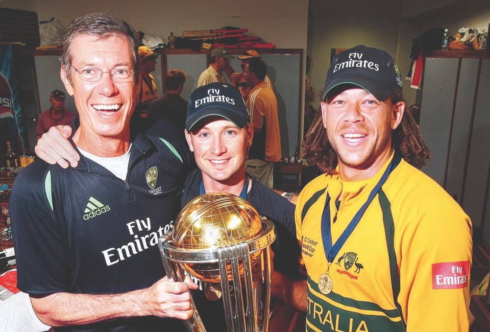 (L-R) Buchanan celebrating Australia’s triumph in 2007 with Michael Clarke and Andrew Symonds