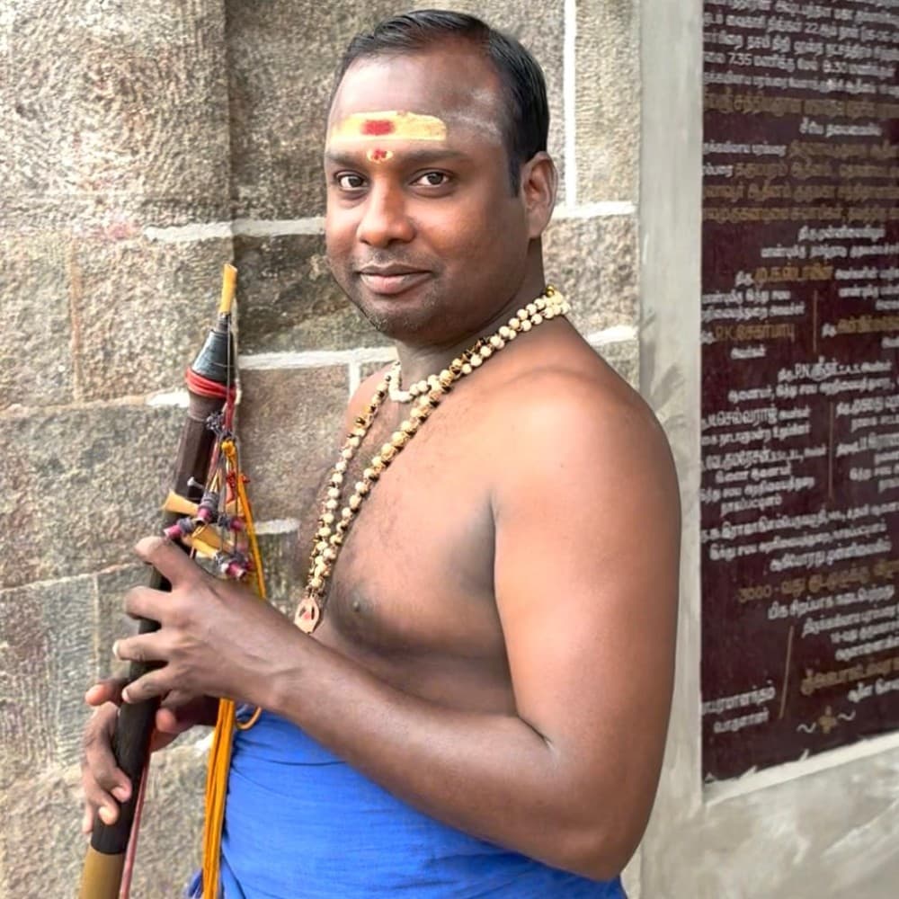 The resonant double-reed Nadaswaram, along with drums, bells and devotional poetry singing, add to the sounds and sights of traditional Dravidian temples