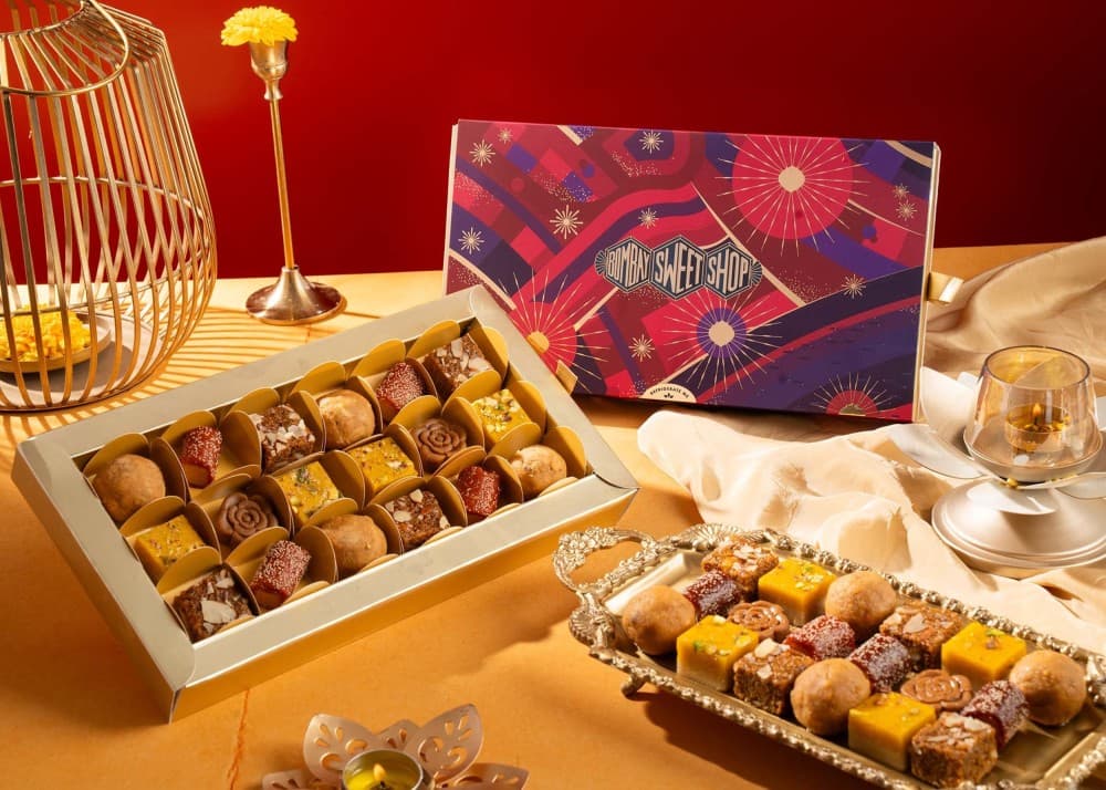 Bombay Sweet Shop’s gift boxes have an unmistakable Indian language in colour, mood and warmth