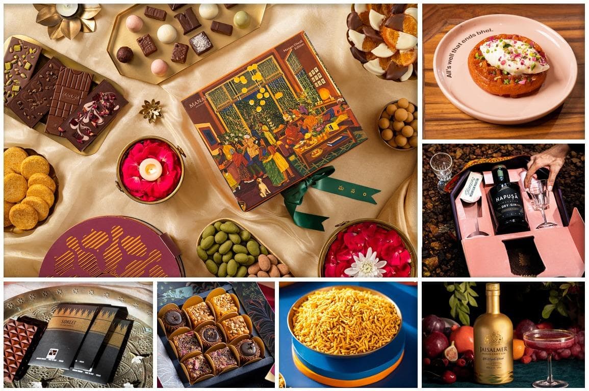 When flights depart from big Indian cities, the haul of gifts includes luxury mithai hampers, small-batch coffee, craft gin, single-origin chocolate, artisanal tea and more. Clockwise from top right: Jalebi waffle, Hapusa Himalayan Dry Gin, Jaisalmer gin, Chilli Cheese Bhujia from Bombay Sweet Shop, assorted treats from Bombay Sweet Shop, Soklet, and Manam Chocolate (Diwali edition)