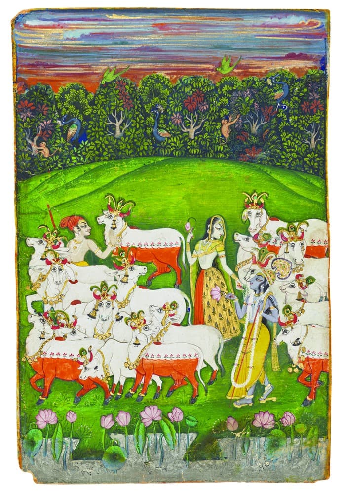 The Hour of Cow Dust (Krishna and Radha), made at Rajasthan’s effete Kishangarh court around 1800 (sold for a relatively modest $68,000).