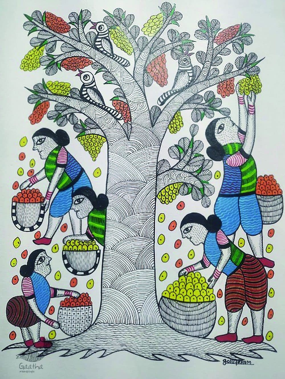 A folk painting by a Gond artist depicting a mango harvest.