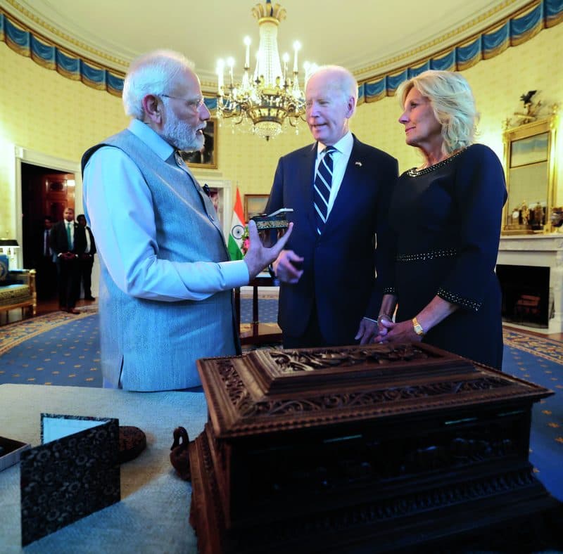 rime Minister Narendra Modi presents a 7.5-carat lab-grown diamond to US First Lady Jill Biden as President Joe Biden looks on. The Yellow Oval Room, June 21, 2023. Photograph: PM India/Website.