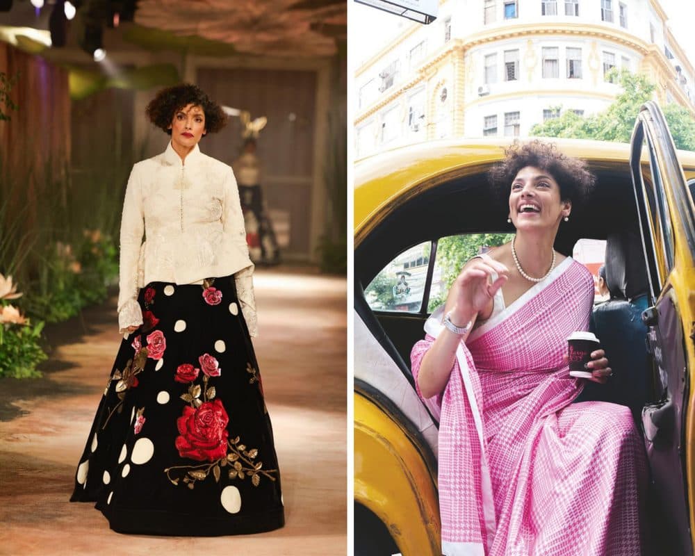 Walking the runway for Rohit Bal’s label in Couture Week 2026 and (right) campaign for India’s iconic tea room brand Flurys