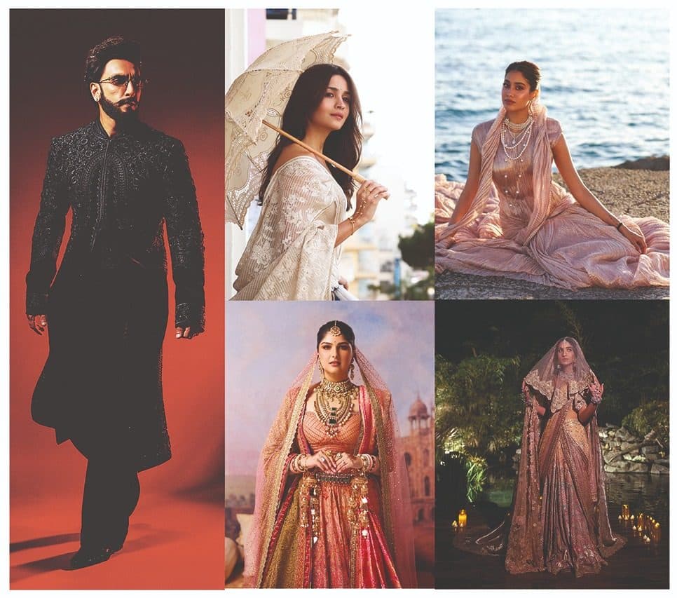 Whether dressing brides or Bollywood's biggest stars, Tarun Tahiliani's designs define modern Indian occasion wear through heritage, craftsmanship and signature drapes. (Clockwise from left) Ranveer Singh in a hand-embroidered black velvet sherwani paired with a Pathani salwar; Alia Bhatt’s Cannes 2026 Concept Sari; Janhvi Kapoor’s Cannes debut in a hand-crushed tissue skirt with a Benaras-woven corset; Radhika Merchant in a custom lehenga-sari and Anshula Kapoor’s custom coral-peach bridal lehenga, centred around her late mother’s 42-year-old zardozi dupatta