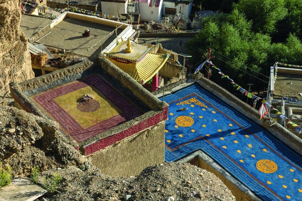 Amrit Karki recreated traditional Himalayan carpet motifs directly onto the architecture