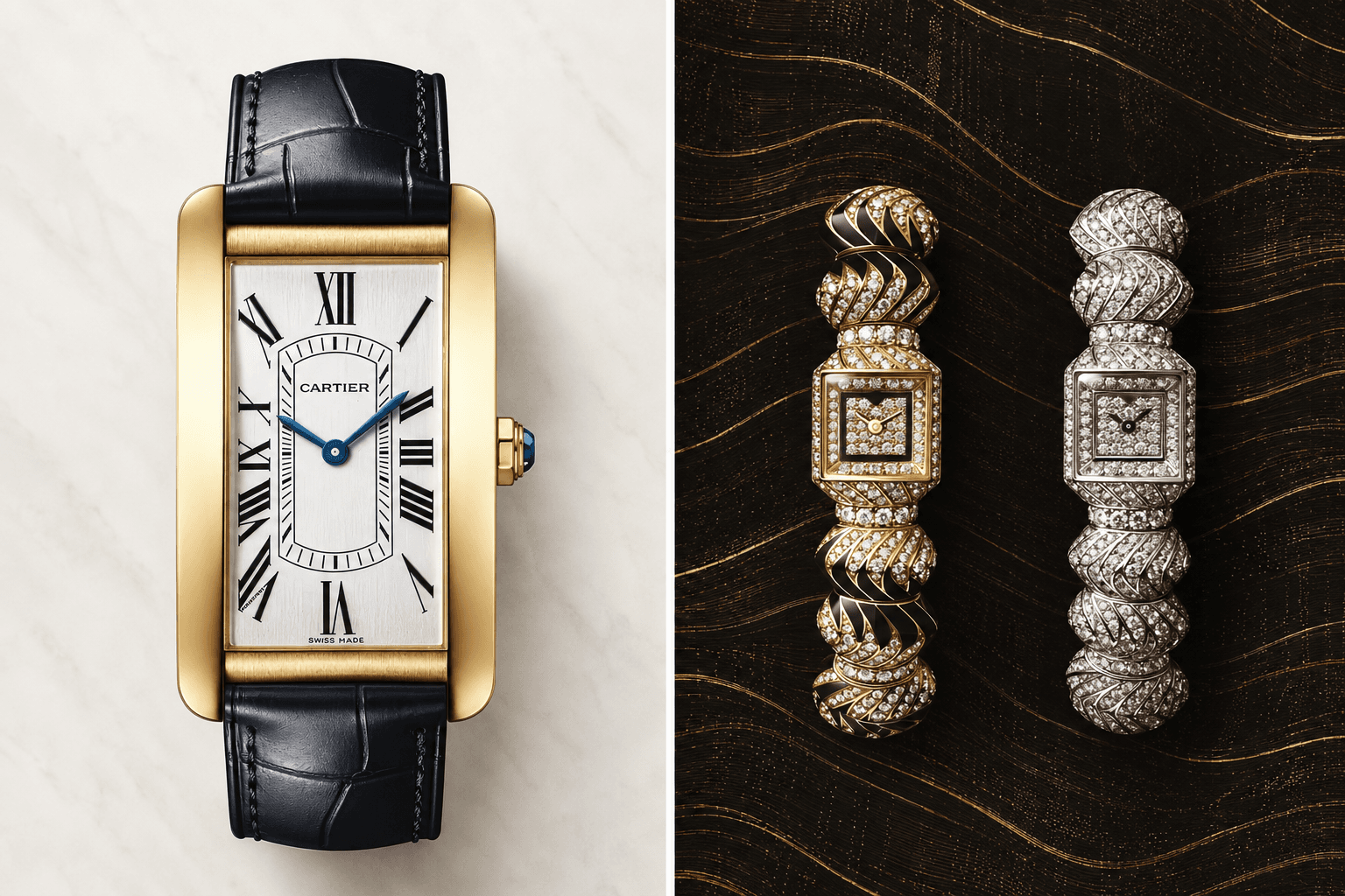 The Cartier Tank, first designed by Louis Cartier in 1917, broke through the round watch cases of the period. Roman numeral dials, blue swordshaped hands and a sapphire cabochon crown come together in an elegant design that has stood the ‘test of time’. (Right) With the Tressage watch, the oversized lugs transform into a twist in the manner of Cartier’s vintage jewellery