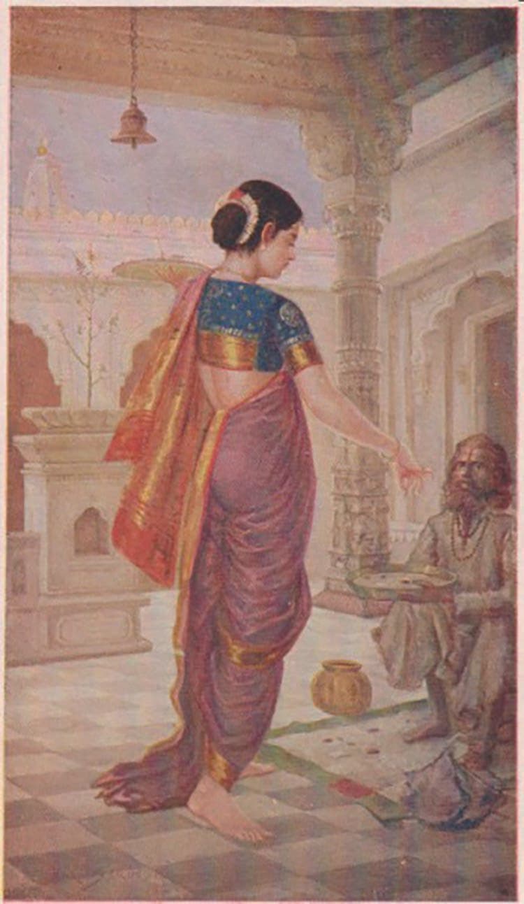 Lady Offering Alms to Beggar by M.V. Dhurandhar.