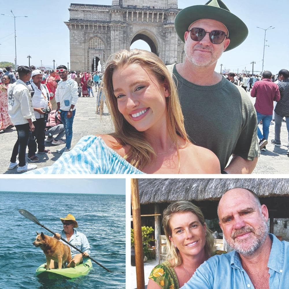 (Clockwise from top): With daughter Grace, wife Kellie and pet Archie. Photographs: Matthew Hayden