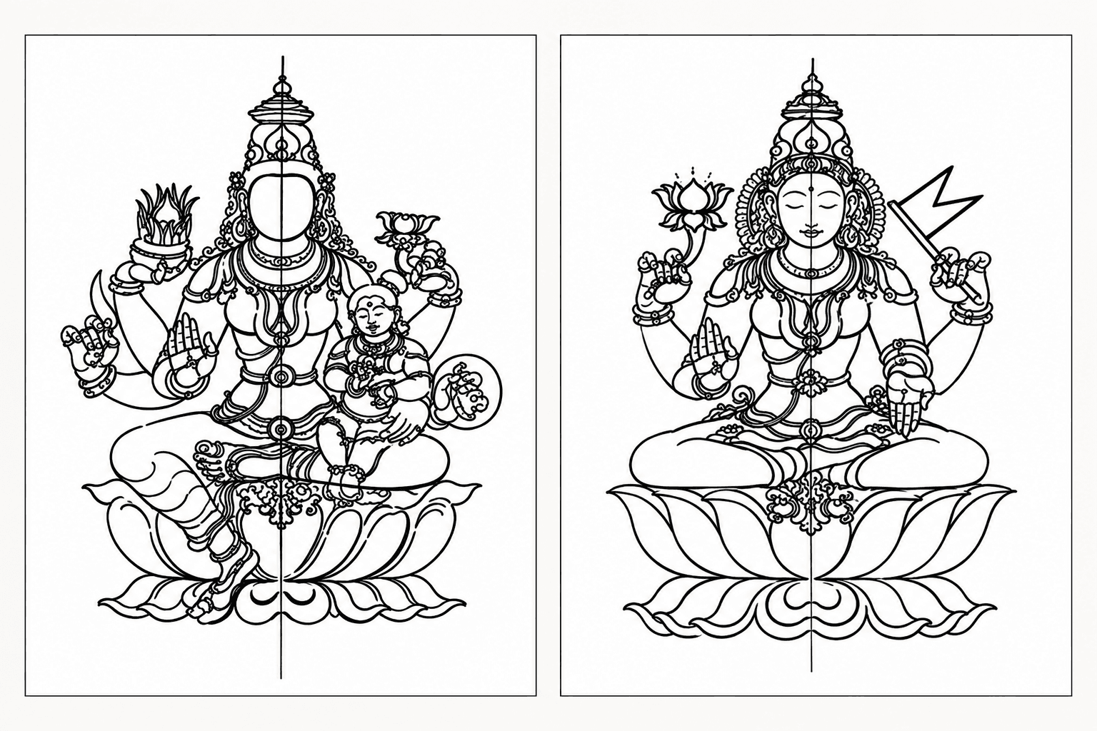 A sketch of Adi Lakshmi and Santhana Lakshmi.