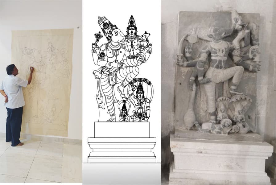 R. Selvanathan Sthapati at work, the sketch of Sri Bhoovarahar and the sculpture.