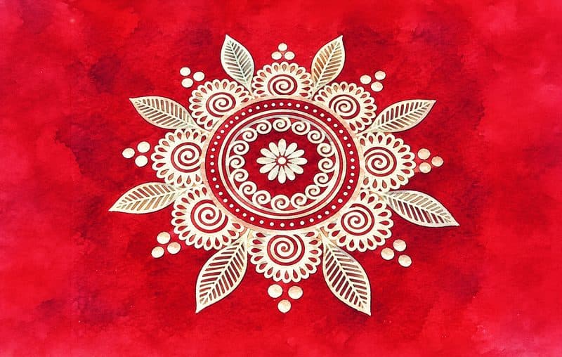From top left: Red clay is applied as a base. Soaked rice is ground into a paste. The borders of the work are painted first, then the centre. Every aipan design and art form has a specific meaning attached to it