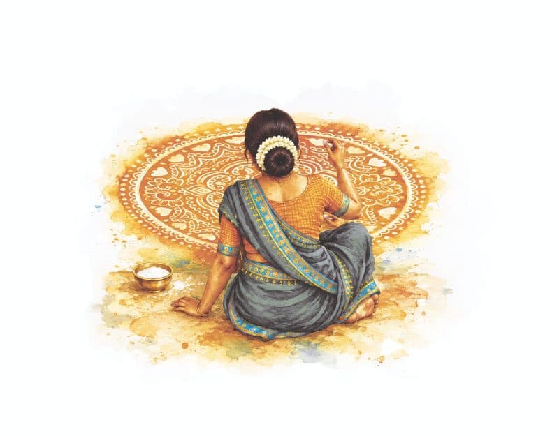 Alpona, kolam and chita, along with aipan and aripan, are regional versions of the ritual art of drawing with rice powder paste on the floor that is found across India. Illustrations by Partho Sheel