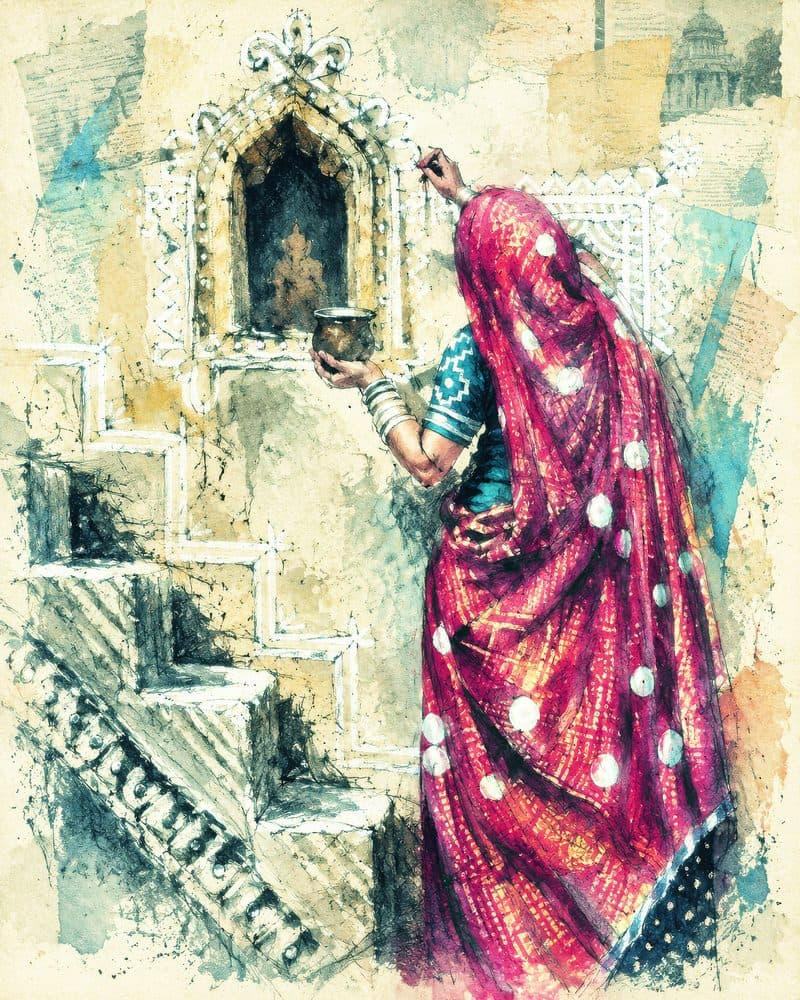 Mandana is traditionally painted on walls and floors coated with a mixture of red clay (geru) and cow dung