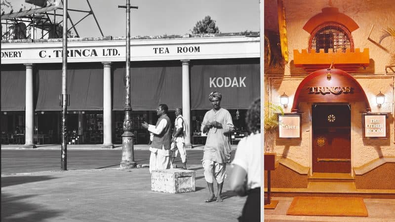 An inheritance in two frames: Trincas as seen in the 1953 film Do Bigha Zamin and (right) as it stands now. The Park Street restaurant carries Kolkata’s cultural memories from one family generation to the next. Photographs: Trincas Timeline Project