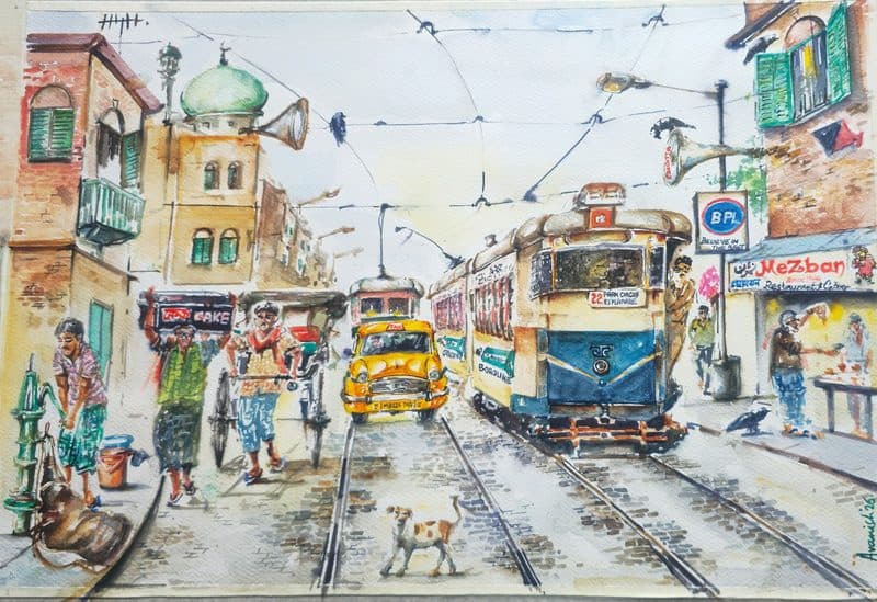 The sounds may have changed, as cities do, but Kolkata still finds new ways to make itself heard. A hand-painted illustration by Avanish Trivedi, a self-taught artist whose energy is fuelled by Kolkata’s chaos