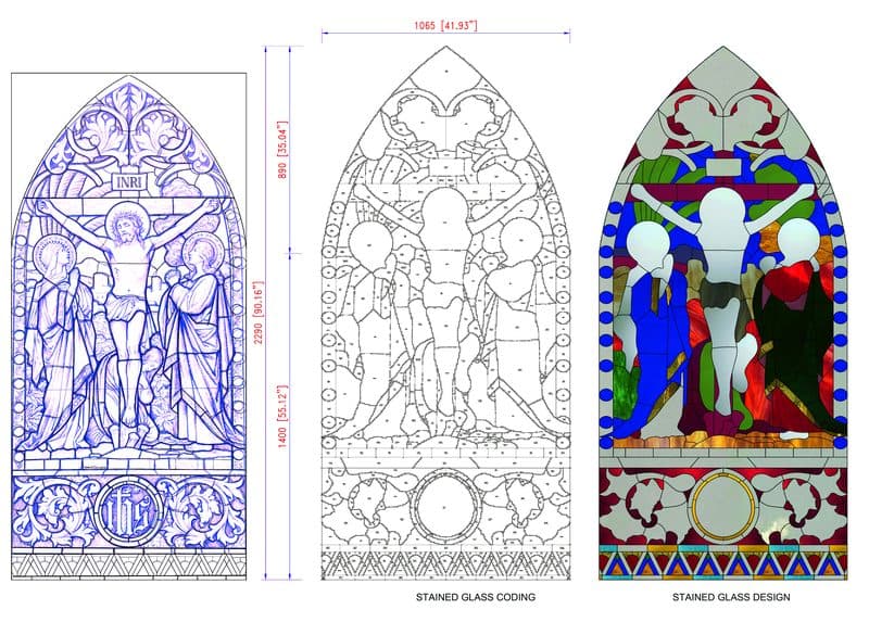 The coding and design of the stained glass panel Although the old church was dedicated to St Michael, the image used for its old stained glass was also that of the Handover. Now, more than 175 years later, the biblical scene returns to the chapel in a new work close to the original.