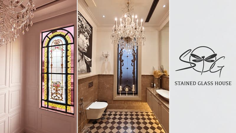 Some of the studio’s premium stained-glass work. (Right) The Stained Glass House logo. Photographs: Stained Glass House, Delhi